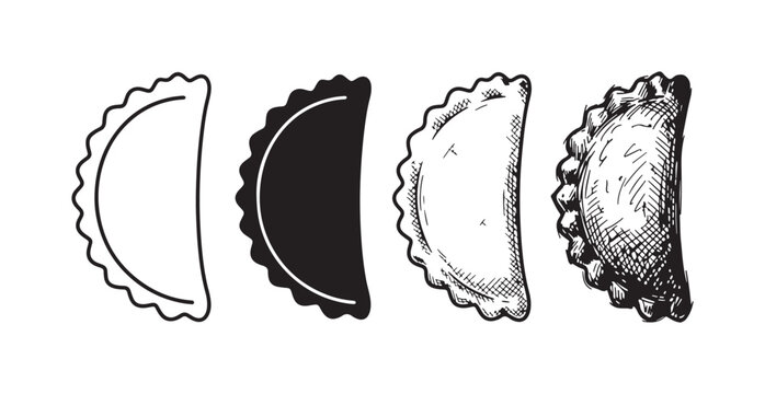 Collection of four black and white empanada or dumpling illustrations, presented in outline, solid, and artistic hand-drawn sketch styles.