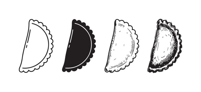 Four black and white empanada or dumpling icons, depicting the popular pastry in various styles, from simple outline to detailed sketch.
