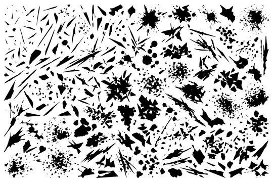 Abstract black ink splatter and shards pattern on white background.