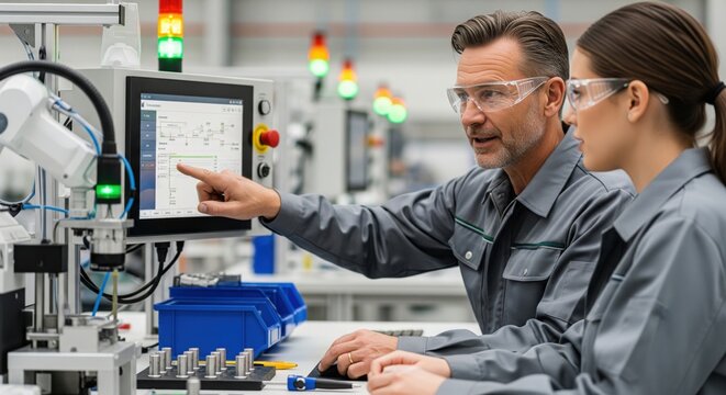 Smart factory specialist training new worker on AI manufacturing workstation with automated equipment, showing industrial upskilling, mentorship and future ready workforce strategy