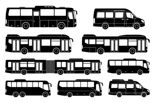 Silhouettes of various buses and vans in different styles and designs.