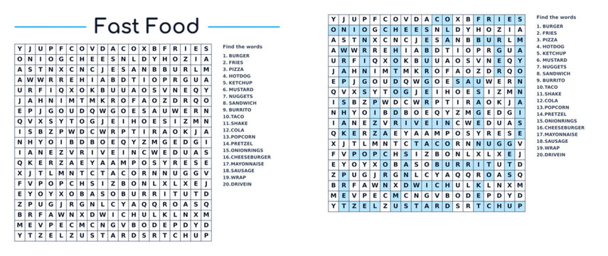 A puzzle for finding words about food on the topic of Fast food for children and adults in a grid format on a transparent background &ndash; Printable worksheet