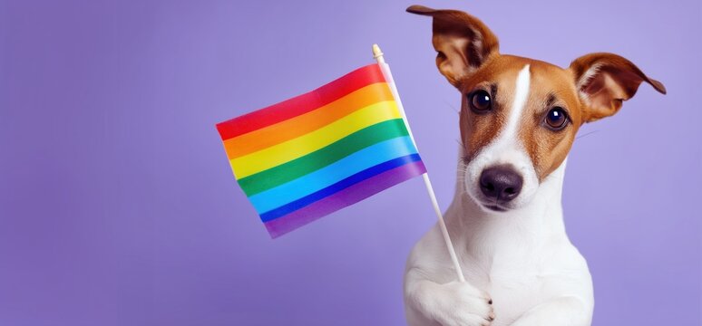Adorable Jack Russell Terrier holds a rainbow pride flag in its mouth against a soft lavender backdrop