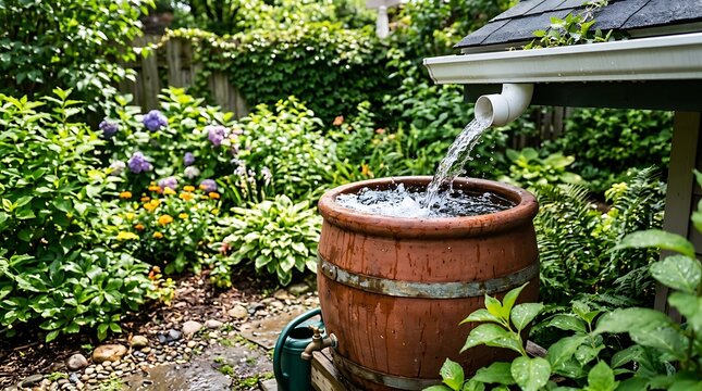 Rainwater harvesting barrel collecting water from house gutter in lush garden