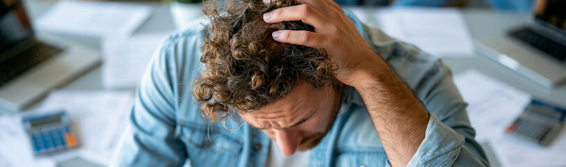 Naklejka premium Financial Stress: A man with curly hair, looking distressed, is seen scratching his head amidst a chaotic scene of scattered papers, laptops, and calculators.