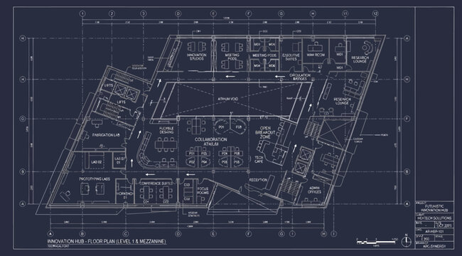 Architectural floor plan of a modern office building with angular layout