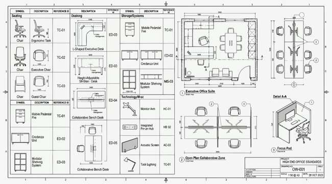 Technical architectural drawing of office furniture layout and workspace design specifications