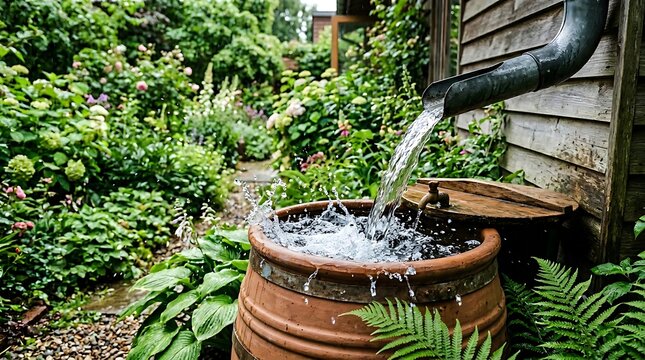 Rainwater collection barrel overflowing during storm in a green garden setting