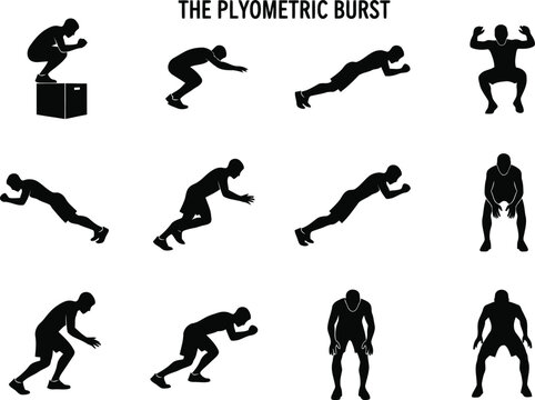 Plyometric Exercise Silhouettes of Athlete Jumping and Explosive Fitness Workout Positions on White Background