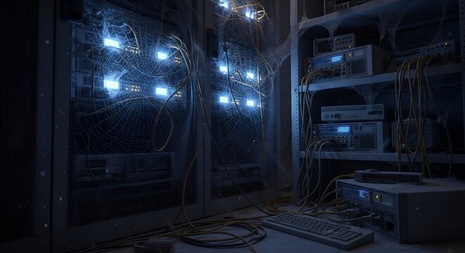Abandoned server rack with glowing blue lights in dark datacenter