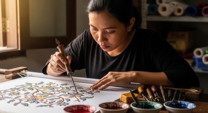 Asian female artist painting traditional detailed floral patterns on paper.