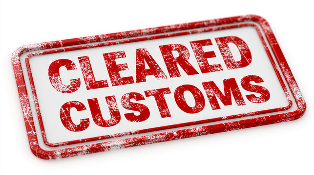 Cleared Customs Stamp: A red and white rectangular stamp with the words CLEARED CUSTOMS imprinted in bold red lettering, signifying successful passage through customs.