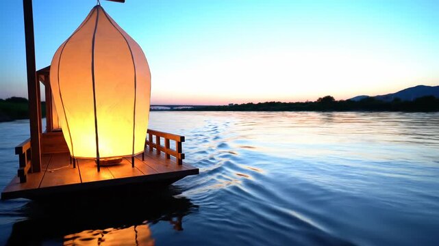 Glowing paper lantern floating on a river at dusk. Traditional Japanese Toro Nagashi festival boat on the water. Cultural memorial ceremony concept