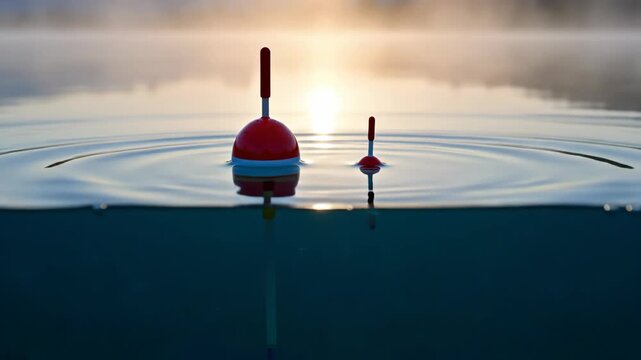 Fishing bobber floating on calm water surface at sunrise. Red and white plastic indicator for angling setup. Lake outdoor activity and leisure hobby equipment