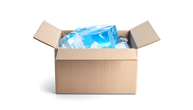 Cardboard box filled with vibrant blue ice cubes and crushed ice, ideal for cold storage or refreshment concepts