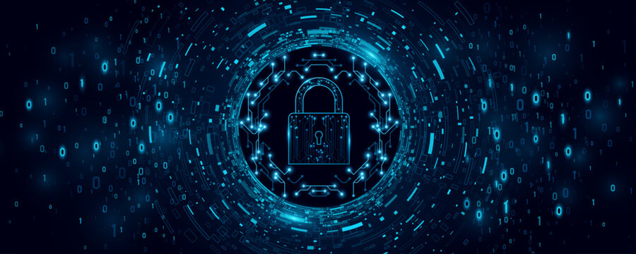 Cybersecurity concept featuring a glowing cyber padlock surrounded by decaying data elements and binary code on dark background. Secure networks and encryption technology. Vector illustration.