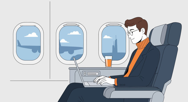 Man working on laptop in airplane seat, window with sky and plane view