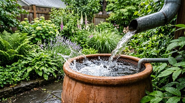 Rainwater harvesting from gutter into ceramic pot in lush garden with rainwater