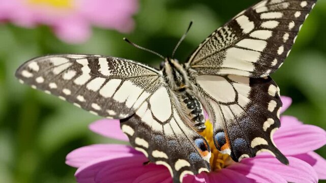 Close-up of a swallowtail butterfly resting on a pink flower. Detailed macro shot of insect wings with black and yellow patterns in a sunny summer garden