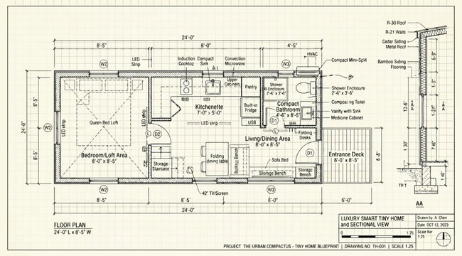 Architectural floor plan and sectional view of a modern small cabin or tiny house design