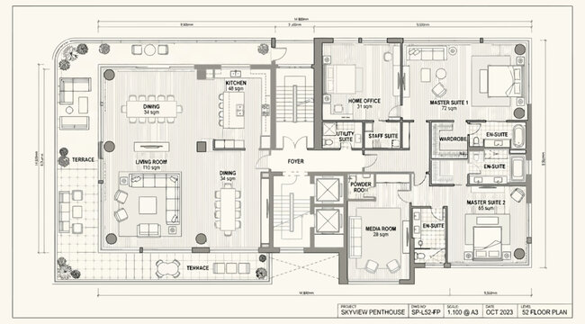Detailed architectural floor plan for a highend duplex penthouse residence