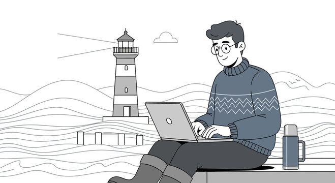 Man with laptop and thermos by lighthouse, remote work by the sea