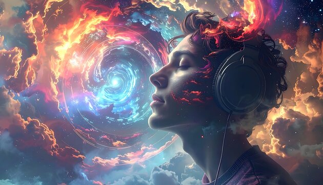 Woman with headphones lost in cosmic music.