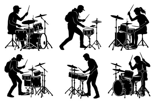 Silhouettes of diverse drummers engaged in dynamic performances.