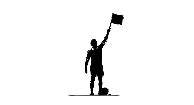 Black and white silhouette illustration of a soccer assistant referee or linesman standing on a pitch and raising a signal flag high above his head to indicate an offside or foul.