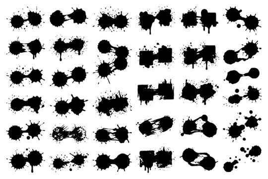 Collection of diverse black ink splatter designs on white background.