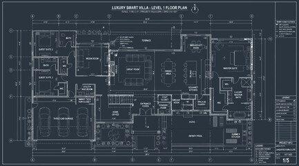 Obraz premium Architectural floor plan of a luxury smart villa, detailed technical drawing of residential house layout