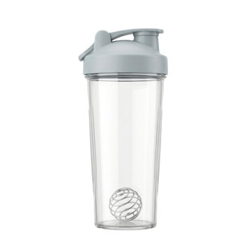 Clear protein shaker bottle with spring ball on transparent background