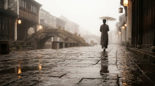 Solitary Stroll on Ancient Rain-Slicked Flagstone Path in Misty Eastern Town