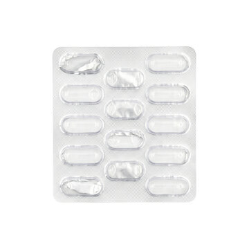 Empty silver aluminum blister pack on transparent background