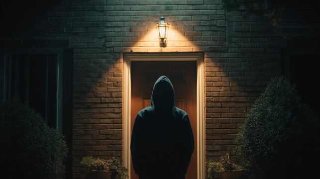 Back view of a suspicious person in a black hooded sweatshirt standing in front of a house wooden door at night under a single glowing lamp.