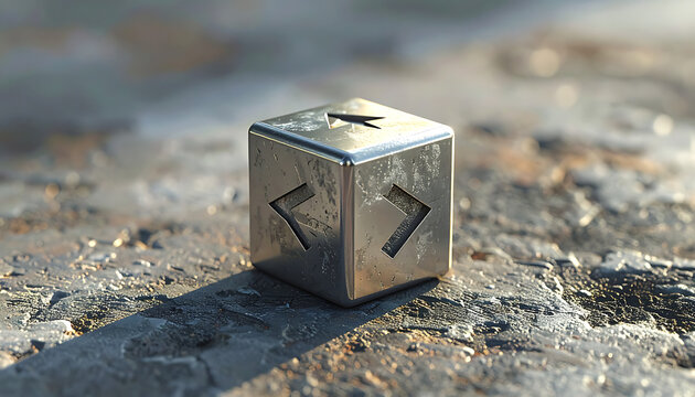 Close up of a metallic cube with ancient symbols etched on its sides, resting on a textured rocky surface, ancient artifact, mystery, history