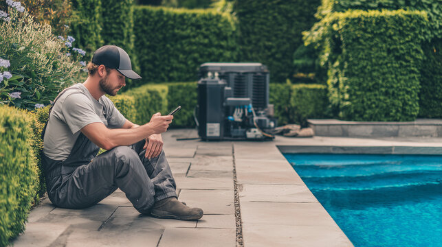 Pool technician or handyman sitting on stone pavement, using a smartphone while taking a break near a swimming pool pumping system.