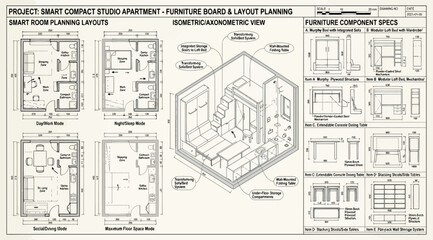 Fototapeta premium Architectural floor plan and furniture board for a smart compact studio apartment design