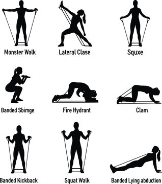 Fitness exercise silhouettes chart showing bodyweight workout poses, squat, lunge and stretch positions