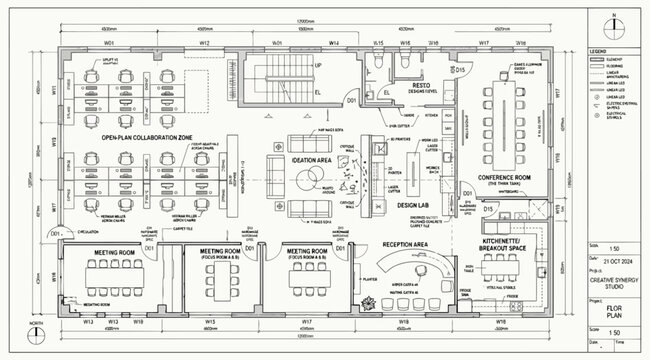 Architectural floor plan of a modern office space layout with workstations and meeting rooms