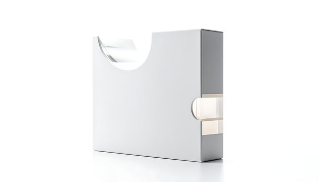 Clean white paperboard cigarette pack, partially open, showing filtered cigarettes inside, isolated on white with soft shadow