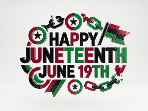 Juneteenth holiday greeting card design featuring colorful text chains and stars isolated on a plain light gray background.