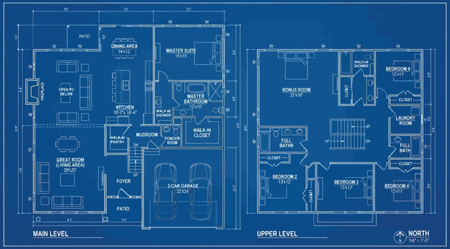 Blue architectural blueprint of a twostory residential house