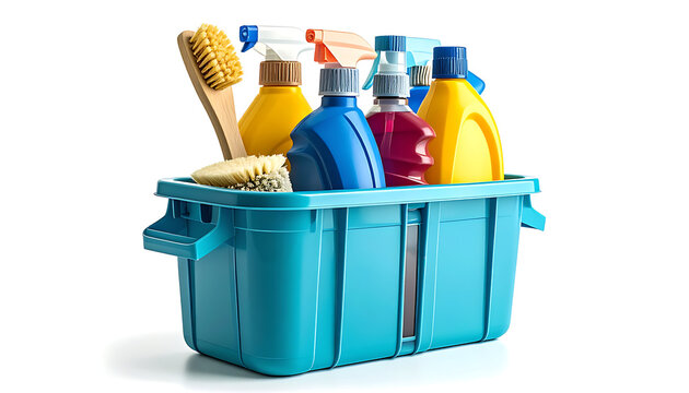 Cleaning supplies kit in a blue plastic caddy, includes spray bottles and brushes, for household chores and disinfection