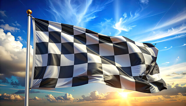 Checkered racing flag waving in the wind against a vibrant sunset sky, symbolizing victory and competition