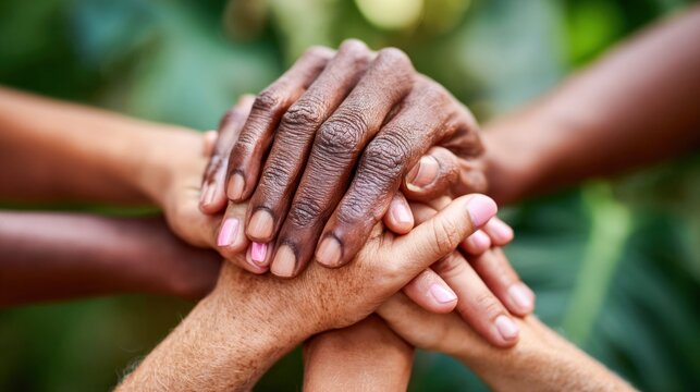 Diverse hands stacked together in a symbol of unity, teamwork, and support