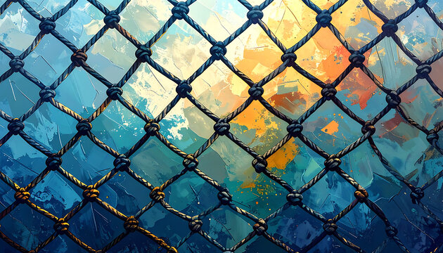 Close-up of a woven rope net with a colorful abstract watercolor background, abstract art texture