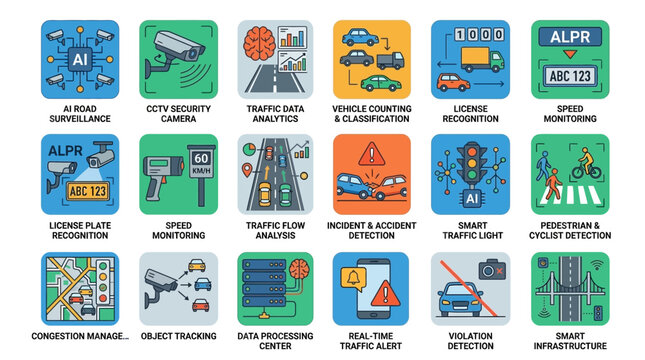 Smart City Traffic Management AI Icons: Surveillance, Analytics, Safety, Infrastructure