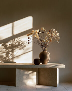 Minimal dried flowers on limestone console with soft shadows showcasing quiet luxury decor and calm premium home styling