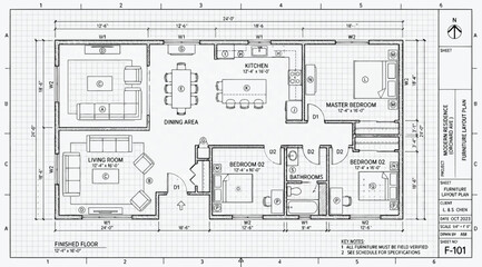Fototapeta premium Architectural floor plan of a residential house showing furniture layout